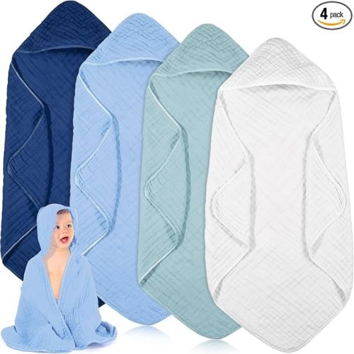 Peryiter 4 Pcs Muslin Hooded Baby Towels 32 x 32 Inch Cotton Newborn Bath Essentials Muslin Infant Blankets Absorbent Registry Gifts for Girl Boy Kids Baby Shower (Blue Series)