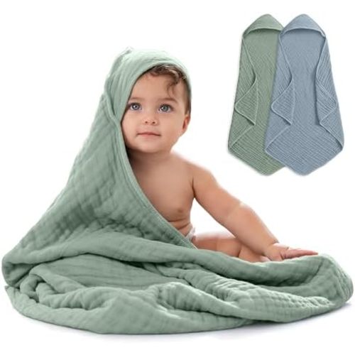 Comfy Cubs Hooded Baby Towel 2-Pack, Large 32 x 32 Inch - 6 Layer 100% Muslin Cotton for Babies, Toddlers, Kids - Soft & Absorbent Baby Bath Towels - Unisex Design for Bath Time, Pacific Blue and Fern