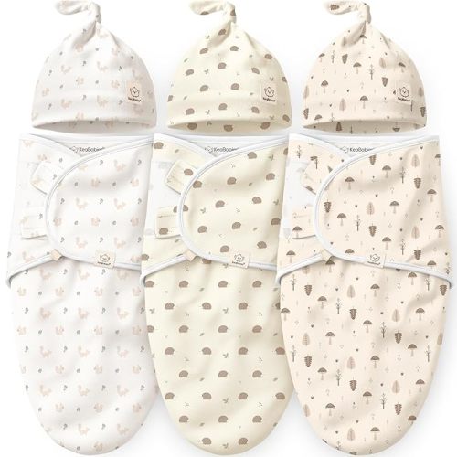 KeaBabies 3-Pack Organic Swaddles for Newborns Girls, Boys with Hats - Soft Cotton Baby Sleep Sacks 0-3 Months,Breathable Baby Hats and Swaddles 0-3 Months,Newborn Essentials Must Haves(Nibbles/Bruce)