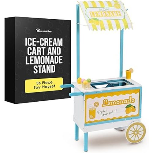 Houseables Lemonade Stand for Kids, Lemonade Stand, Ice Cream Cart, Ice Cream Shop, Toy Icecream Cart, Pretend Play Set, Play Store, Shop, Parlor, Push, Truck, for Toddlers, Wooden, 2 in 1, 36 Piece