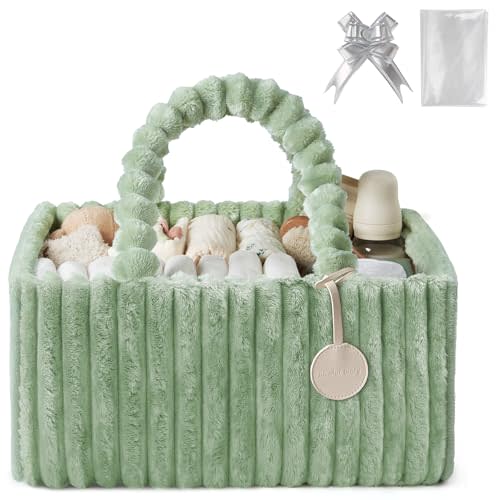 Blissful Diary Flannel Diaper Caddy Organizer, included Gift Packaging, Cozy Nursery Storage Basket, Gift for Baby Shower, Newborn Essentials, Sage Green