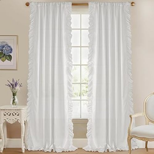 StangH Victorian Romantic White Curtains with Ruffle, Privacy Protect Light Filtering Drapes, Faux Silk Ideal for Countryside Bedroom/Girls Room/Party Backdrops, W50 x L95, 2 Panels