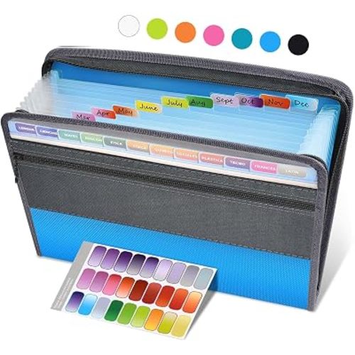 Sooez Accordion File Organizer with Safe Zipper, 12 Pocket Expanding File Folder with Front Pencil Pouch, Portable Monthly Paper Bill Tax Receipt Organizer, School Office Supplies, Letter Size, Blue