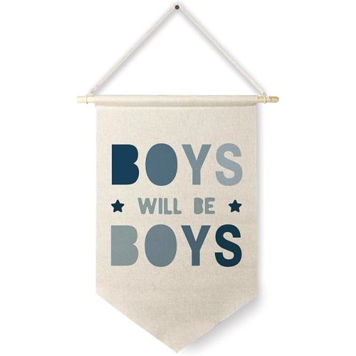 Qpenm Boys Will Be Boys Hanging Wall Canvas Banner, Blue Boy Nursery Hanging Pennant Flag Prints, Nursery Boy Wall Decor, Baby Boy Wall Art Poster&Prints, Boho Nursery Decor for Boys Room Playroom