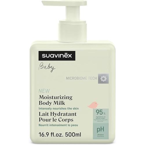 Suavinex, Moisturizing Body Milk Baby Moisturizer, Baby Lotion Suitable for Sensitive Skin and Newborns, Light Texture, Easy Absorption, 95% Ingredients of Natural Origin, 16.9 fl oz.