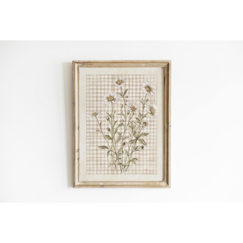 Daisy Nursery Wall Art Vintage Floral Print Neutral Nursery Cottagecore Decor Earth Tone Nursery Farmhouse Decor Gingham Nursery Art ANI9-A1