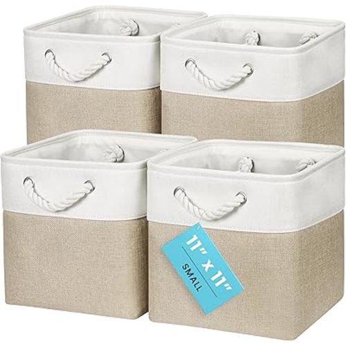 OrganiHaus 11x11 Cube Storage Bins 4 Pack, Foldable Cube Storage Organizer w/ Rope Handles, Collapsible Fabric Bins for Toys, Clothes & Closet Organization, Fabric Square Baskets - Beige/White