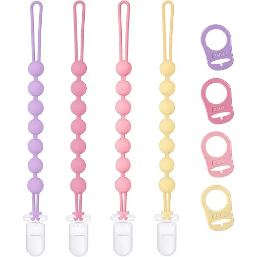 4-Pack Silicone Pacifier Clip with Adapter Ring Fits MAM Dummy, Soft Flexible Binky Holder for Button-Style Maam Dummies, Anti-Loss Paci Clips for Baby Girls, Xmas Gifts Baby Shower Essentials