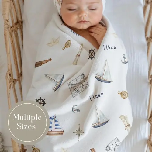 Personalized Nautical Baby Blanket Custom Name Blanket Sailboat Nursery Decor Newborn Boy Gift Personalized Blanket Nautical Baby Shower