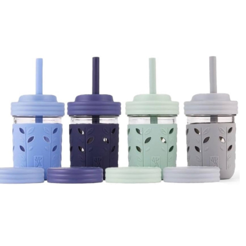 Elk and Friends Kids + Toddler Glass Cups | The Original 8oz Glass Mason Jar with Sleeves + Lids | Silicone Straws + Stopper | Smoothie Cup | Food Storage | Spill Resistant | Dishwasher Safe | 4 Pack