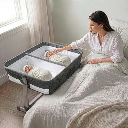 Simmons Kids By The Bed City Sleeper Bassinet for Twins - Adjustable Height Portable Crib with Wheels & Airflow Mesh, Grey Tweed