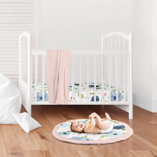 Navy Blue and Pink Watercolor Floral Collection Girl Baby Tummy Time Playmat - Blush, Green and White Shabby Chic Rose Flower
