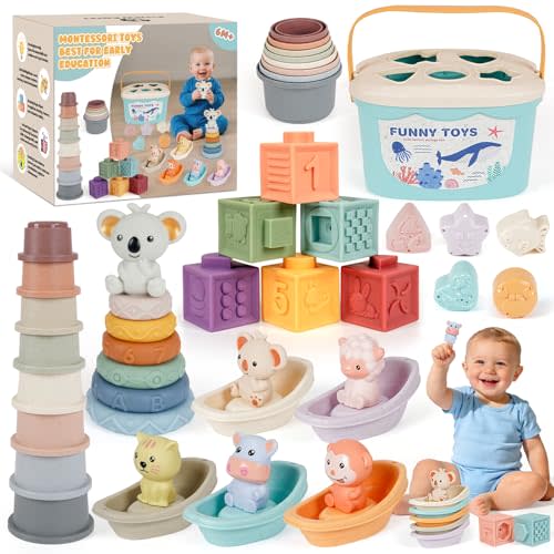 Montessori Baby Toy for Infant 6-18 Months Learning Sensory Toy 6-12 Months | Shape Sorting Stacking Toys 6 Months Babies Gift Stacking Cups Soft Blocks Stackable Ring for Toddlers 1-3 Fine Motor Skills
