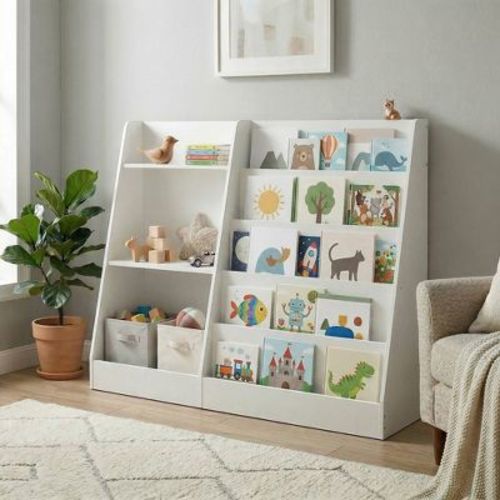 LEDREM 5-Tier Montessori Kids Bookshelf & Toy Storage Organizer, Stepped Book Display with Toy Bin, for Children's Room Reading Nook, Cloud White