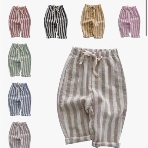 Boys' Cotton Linen Harem Bloomers Pants Elastic Waist Jogger Pants Kids Casual Striped Trousers Infant Long Sweatpants
