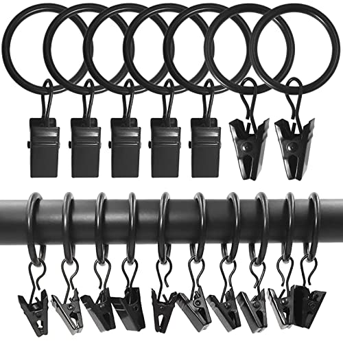 LLPJS 100 Pack Curtain Rings with Clips, Curtain Clip Rings Hooks, Bow Hanger Clips for Hanging Drapery Drapes Bows, Ring 1 inch Interior Diameter, Fits up to 5/8" Rod, Black