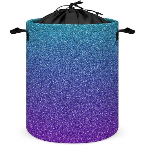 Teal Purple Laundry Hamper Collapsible Laundry Baskets Dirty Clothes Storage Basket Gradients Blue Bling Glitter Waterproof Toy Organizer Girls Hamper for Bedroom