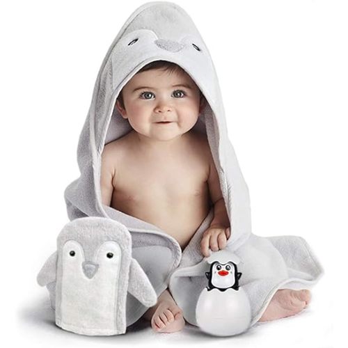 Happy & Sweet Baby Gift Set - Bamboo Viscose Hooded Penguin Bath Towel, Mitt Washcloth, and Squirt Bath Toy for Boys and Girls - Gray - Bonus eBook Included