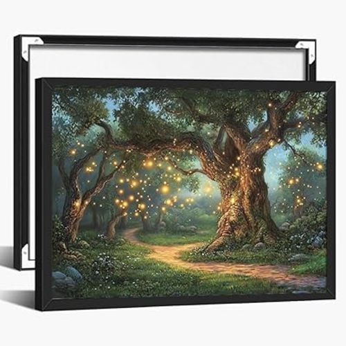 Magical Tree with Fireflies Wall Art – Enchanted Night Scenery Poster, Mystical Forest Canvas for Bedroom or Living Room, Dark Academia Illustration-16x20Inch Ready to Hang(Black Aluminum Frame)