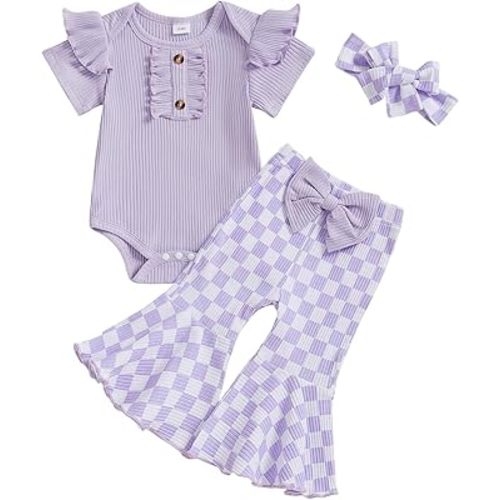 MERSARIPHY Baby Girl Bell Bottom Outfit Infant Newborn Western Summer Clothes Short Sleeve Ruffle Romper Tops Flare Pant Set