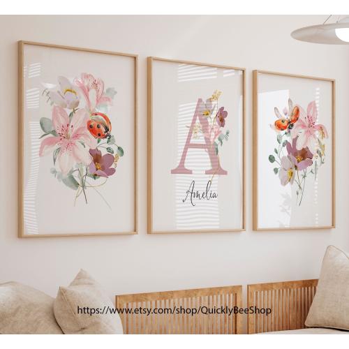 Ladybug Wildflower Lily Watercolor Prints, Floral Ladybug Nursery Wall Art, Girl's Room Decor, Set of 3 Art Prints Shipped