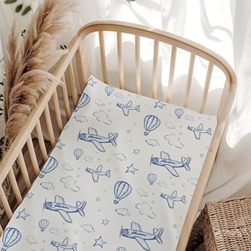 Blue Airplanes Hot Air Balloon Baby Crib Sheets for Boy Girl 52x28Inch Cute Plane Stars Cloud Bed Sheet for Standard Crib and Toddler Bed Mattress Bed Mattress Sheets Blue One Size