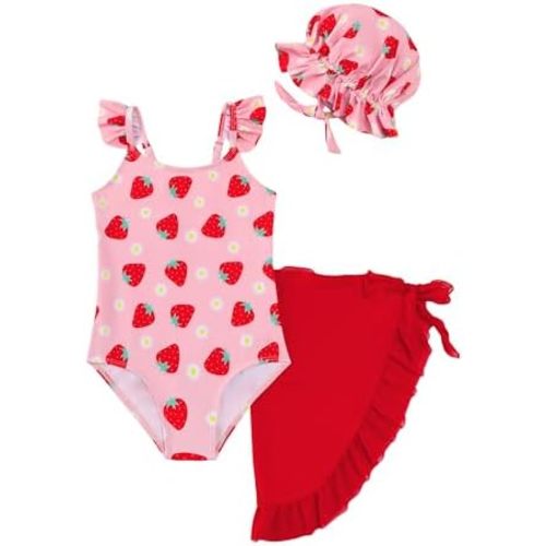 Toddler Baby Swimsuit Girl Summer One-Piece Bathing Suit Mesh Cover Up,Adjustable Straps Kids Beach Swimwear with Hat