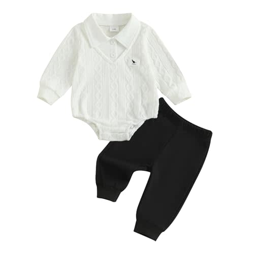 RSRZRCJ Infant Baby Boy Fall Winter Clothes Long Sleeve Lapel Collar Dinosaur Sweater Romper Bodysuit Pants 2PCS Outfits Set
