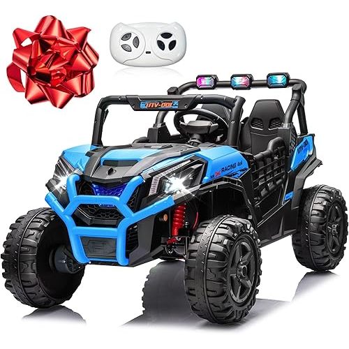 24V 2 Seater Ride on Car for Kids, MOEYURO 800W Powered UTV Toy, 5MPH Large Side by Side Electric Car w/Remote, Bluetooth, LED Light, 3 Speeds, Music, Spring Suspension, Storage for Kids Gift, Blue