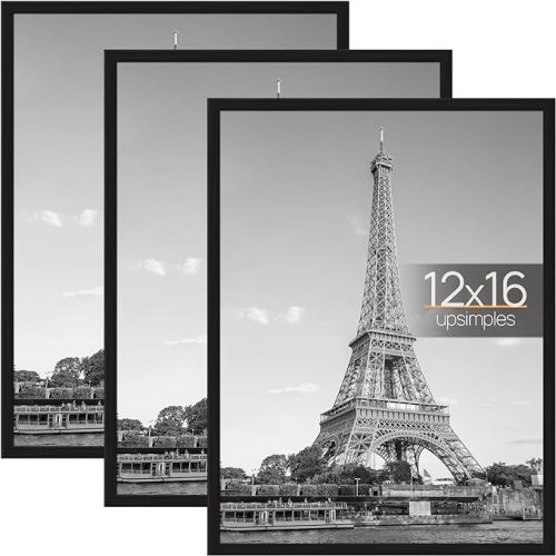 upsimples 12x16 Picture Frame Black 3 Pack, Scratch-Proof Poster Frames 12 x 16 for Photo Gallery - Slide-In Strips, Horizontal or Vertical Wall Mounting | Gallery Wall 12 x 16 Picture Frames Set for Family, Wedding, Christmas, Easy to Change Photos