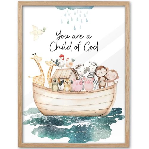 KensTro Natural OAK Wood Noah Ark Framed Wall Art, 12x16 in Being Loved By God,Ark Guardian Animal Christian Bible Verse Canvas Art,You Are a Child of God,Set of 1 Decor Painting for Children's Space
