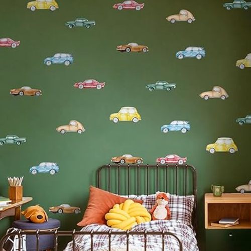 Boy Wall Decals Peel and Stick, Matte Finish PVC Wall Sticker, Watercolor Texture Retro Sports Cars Wall Art Sticker for Baby Boys Room Kids Playroom Gender Neutral Room Nursery Decor