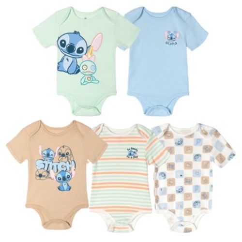 Disney Lilo & Stitch Newborn Baby Boys 5 Pack Bodysuits Beige / Green / Blue 3-6 Months