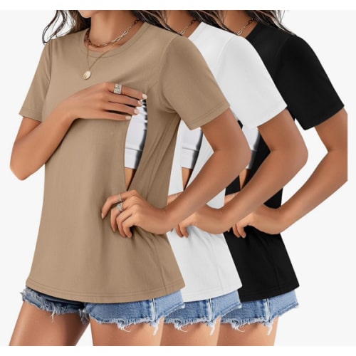 3 Pack Women's Maternity Nursing Shirt for Breastfeeding Hidden Zipper Short Sleeve Crew Neck Cotton Pregnancy Top
