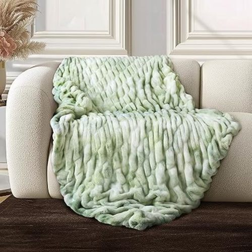 Ultra Soft Cozy Faux Fur Throw Blanket, Fuzzy Plush Thick Bubble Blanket, Oversize Luxury Fluffy Blanket for Couch, Sofa, Bedroom, and Living Room,50x60 Inches,Double Sided Tie-Dye Sage