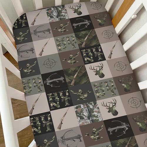 Hunting Patchwork Baby Crib Sheets for Boys Camouflage Deer Duck Hunt Soft Snug Fitted Crib Mattress Covers for 52''x28'' Standard Crib & Toddler Mattress Boy Men Hunting Lovers Gift Bed Sheets
