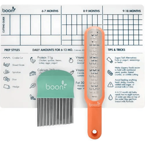 Boon DIVVY Baby Solid Food Prep Starter Kit - Includes 11x14 Silicone Placemat, Grater, and Crinkle Cutter - Baby Feeding Set - Baby Food Cutting Mat for Baby Feeding Supplies - 3 Count