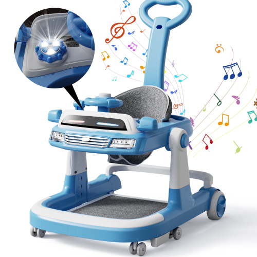 WonderStone 6 in 1 Baby Walker, Height-Adjustable Push Walker with Music & Light Toys, Baby Bouncer & Activity Center for Boys and Girls 6-18 Months (Blue)