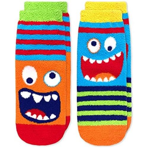 Jefferies Socks Boy's Monster Fuzzy Non-Skid Slipper Socks 2 Pack