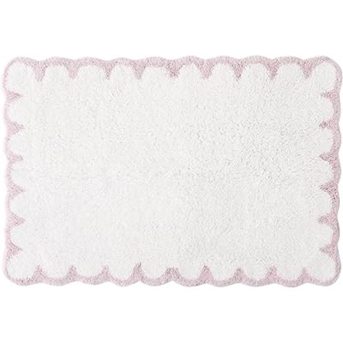 Peri Home Scalloped Bath Rug - Soft & Absorbent 100% Cotton Tufted Bath Mat, 20" x 30", White with Blush Scallop