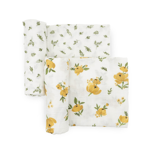 Organic Cotton Muslin Swaddle Blanket 2 Pack - Yellow Roses