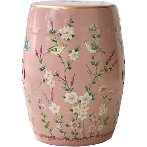 Decorative Ceramic Garden Stool - Glazed Hand-Painted Flower and Bird Shoe Changing Drum Stool for Outdoor Garden, Living Room, Terrace (Pink)