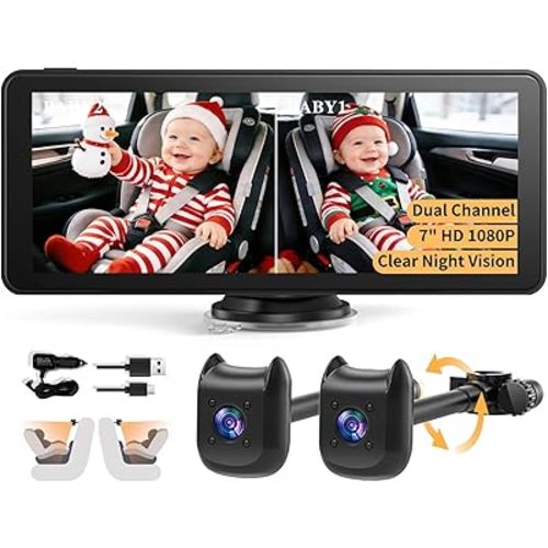 Dual Car Camera Baby Monitor with 6.9" Split Screen-1080P HD Carseat Camera for 2 kids with 360° Full Rotation-Night Vision, Auto-detail Enhancement, 2 Power Ways, Easy Install, for Twins & Siblings