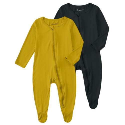 Jimonda Boys Girls Baby Solid-Color Footed Pajamas Unisex Rayon from Bamboo Romper Long Sleeve Sleeper with 2-Way Zipper,Sizes 0-24 Months(Turmeric&Darkgrey,6-9 Months)