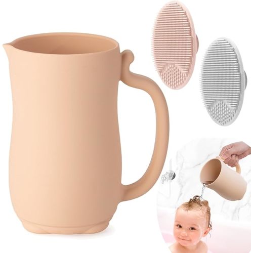 PandaEar Baby Bath Rinse Cup, Silicone Baby Shampoo Rinser with 2 Pack Cradle Cap Brush for Kids Toddler Body Washing (Pink)