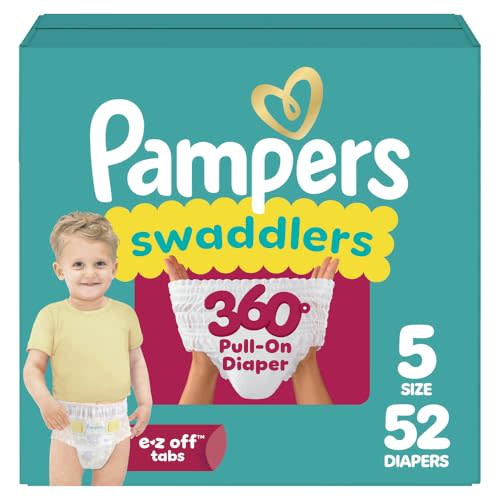 Pampers Diapers - Swaddlers 360° - Size 5, 52 Count, up to 100% Leakproof Comfy Dry Fit, Designed for Easy Changes, Pull On Baby Diaper (Packaging May Vary)