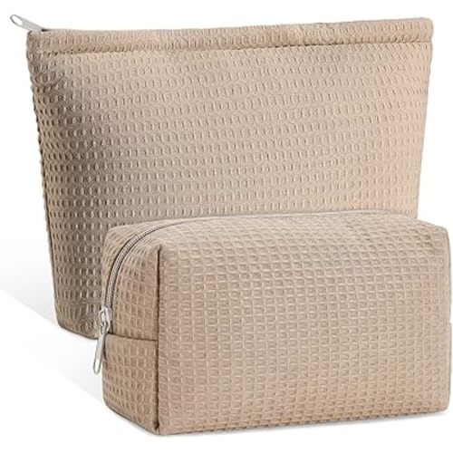 Gilprop 2 Pcs Waffle Makeup Bag Khaki Travel Cosmetic Bag Waffle Plaid Make up Pouch with Zipper Aesthetic Toiletry Case Wedding Gifts for Women, Mom, Teen Girls, Bridesmaid, 2 Styles