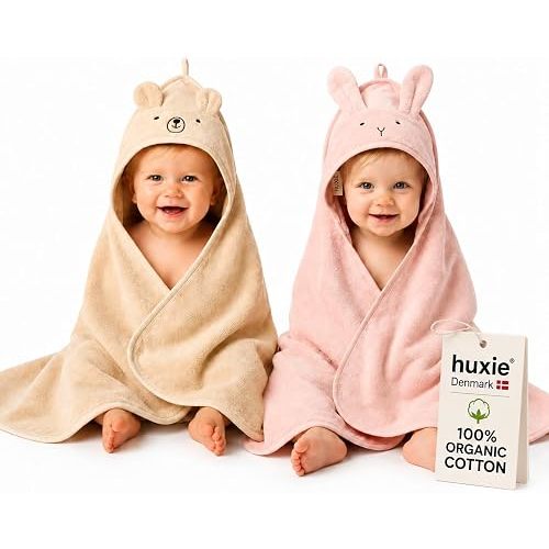 Huxie Hooded Baby Towels – 100% Organic Cotton Baby Bath Towels – Baby Girl Newborn Essentials - Super-Soft and Absorbent. (2-Pack Rabbit Blush and Bear Fog)