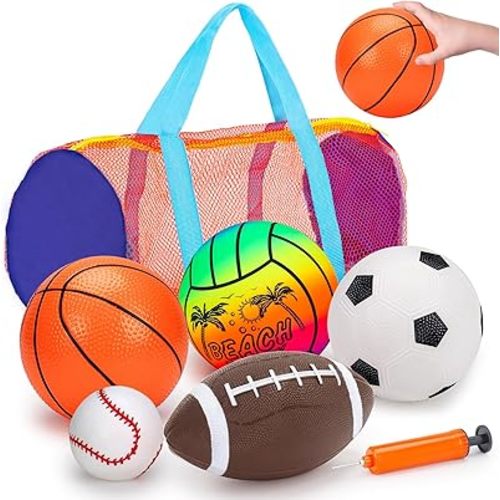 5 Pack Sports Balls Set for Kids with Bag Balls for Toddlers 1-3 Football Soccer Basketball Baseball Volleyball Outdoor Toys Sport Bouncy Playground Kickball Hand Pump Outside Toddler 1-3 2-4 3-5 Gift