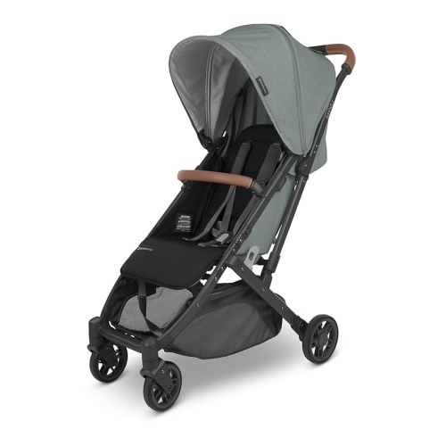 UPPAbaby Minu V2 Travel Stroller/Lightweight, Portable Design/One-Hand Fold/Shoulder Strap and Leather Bumper Bar Included/Gwen (Green Mélange/Carbon Frame/Saddle Leather)